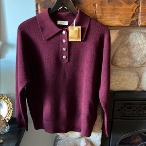 Sandro Paris Deep Red Sweater with Collar and Buttons